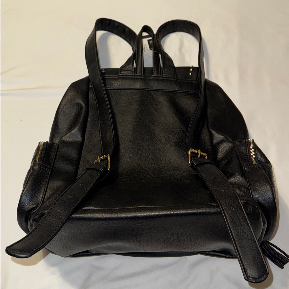 Black Vegan Leather with Gold Studs Backpack Rucksack NWT Multi-pocket - Picture 6 of 8